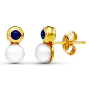 18K PENDIENTES ORO AMARILLO PERLA Y PIEDRA AZUL 10X5 MM CIERRE PRESION