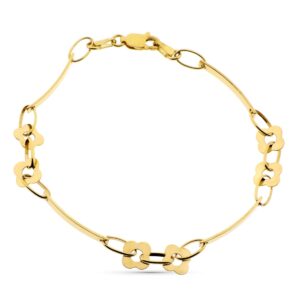 18K PULSERA ORO AMARILLO ESLABONES Y FLORES 19.5 CM