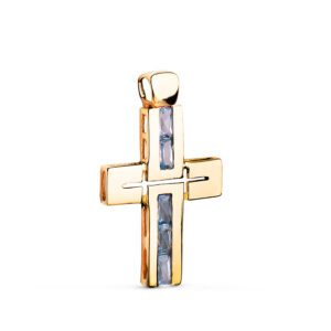 18K CRUZ ORO AMARILLO PIEDRAS BAGUETTE CIRCONITAS COLOR AGUAMARINA. 29 X 18 MM