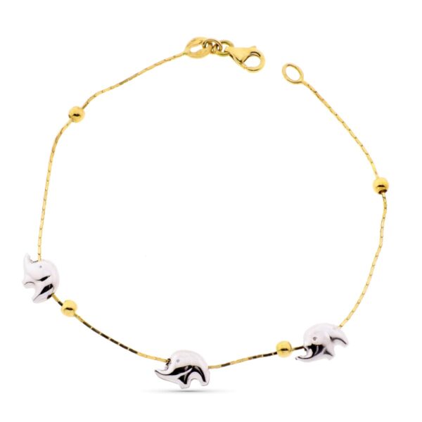 18K PULSERA ORO BICOLOR ELEFANTESY BOLAS LISAS 19CM