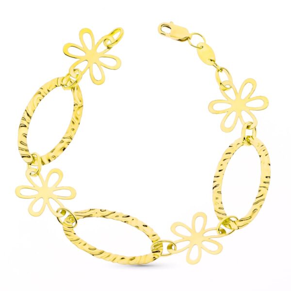 18K PULSERA ORO AMARILLO ESLABONES Y FLORES 19CM