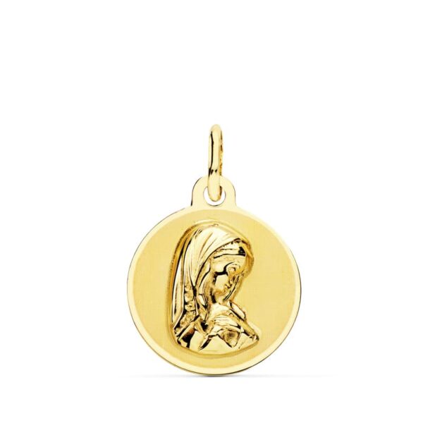 18K MEDALLA ORO AMARILLO REDONDA VIRGEN NIÑA BRILLO Y MATE 14 MM