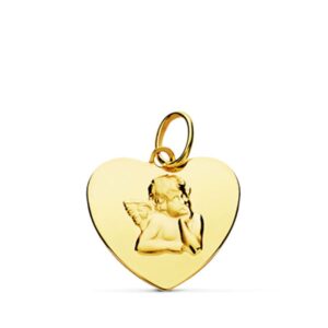 18K COLGANTE ORO AMARILLO CORAZON BRILLO Y ANGELITO BURLON. 14 MM
