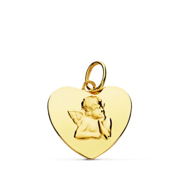 18K COLGANTE ORO AMARILLO CORAZON BRILLO Y ANGELITO BURLON. 14 MM