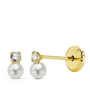 18K PENDIENTES ORO AMARILLO PERLAS CON CIRCONITA 5X3 MM. CIERRE TUERCA