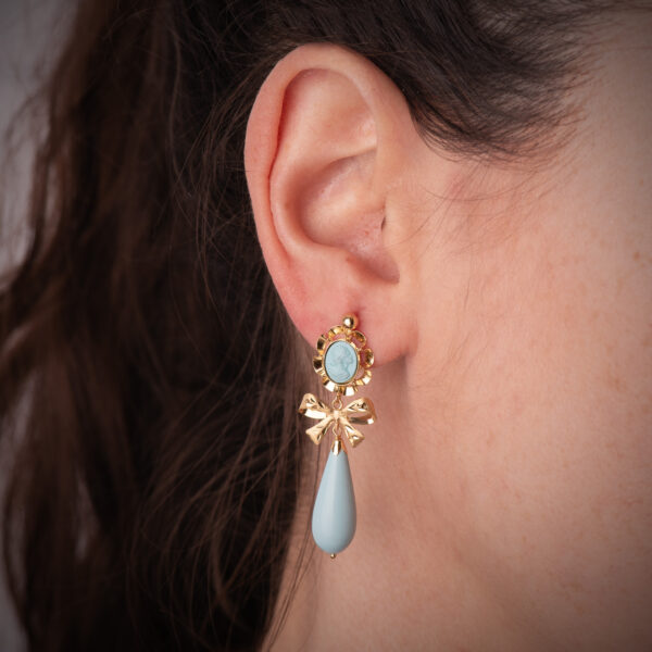 18K PENDIENTES ORO AMARILLO TURQUESA CAMAFEO 42X13 MM. CIERRE CATALÁN - Imagen 2