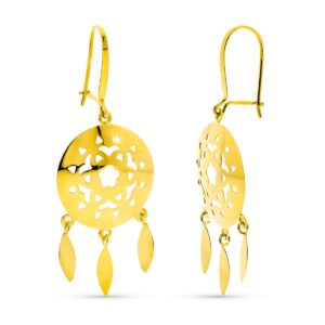 18K PENDIENTES ORO AMARILLO LARGOS CALADOS 3 LAGRIMAS CIERRE GANCHO
