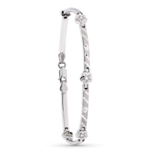 18K PULSERA ORO BLANCO MATE Y BARRAS Y FLORES 18.5 CM