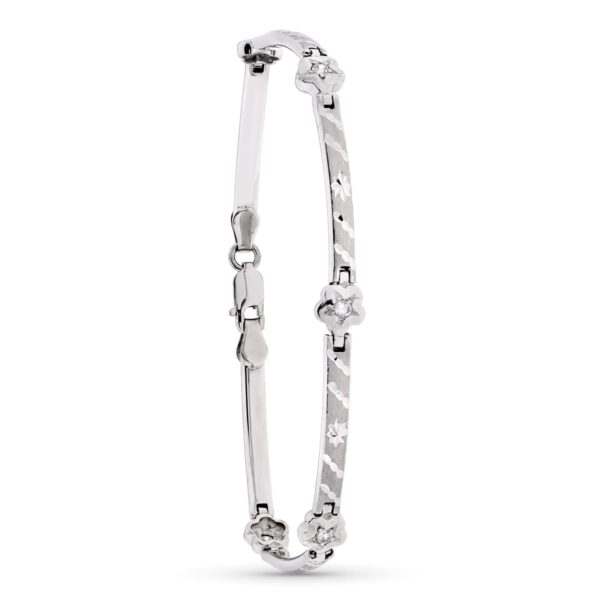 18K PULSERA ORO BLANCO MATE Y BARRAS Y FLORES 18.5 CM