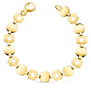 18K PULSERA ORO AMARILLO ESLABON REDONDO Y FLOR MATE ANCHO 10 MM LARGO 19.5CM