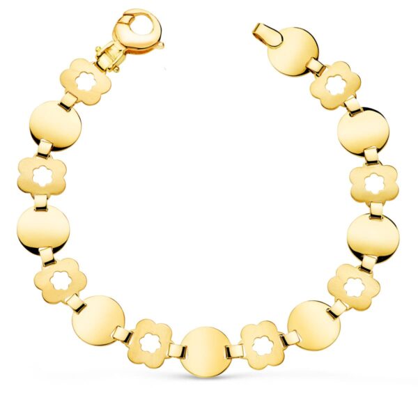 18K PULSERA ORO AMARILLO ESLABON REDONDO Y FLOR MATE ANCHO 10 MM LARGO 19.5CM