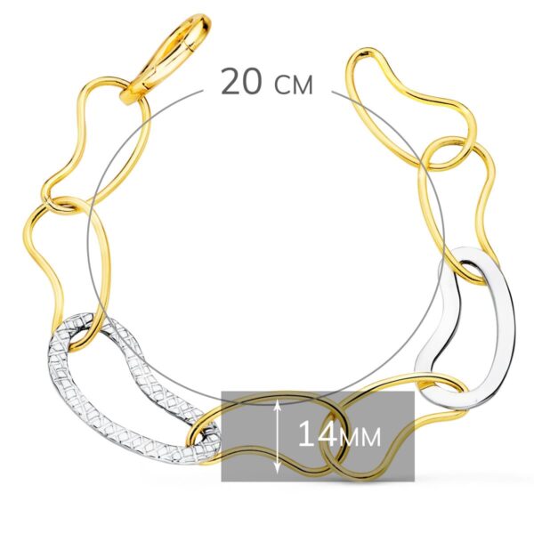 18K PULSERA ORO BICOLOR ESLABONES BRILLO Y TALLADOS ANCHO 14 MM LARGO 20CM - Imagen 2