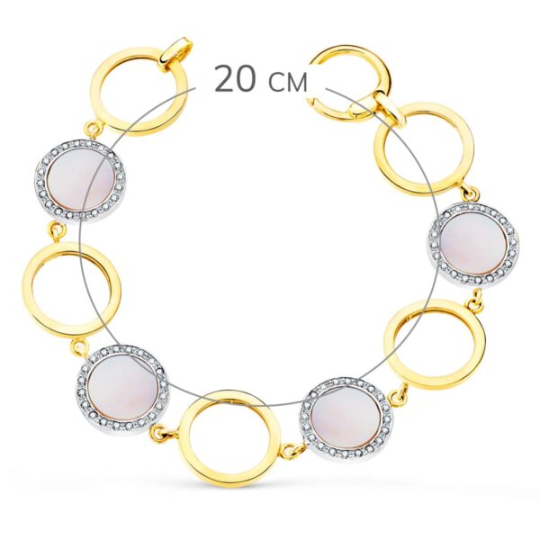 18K PULSERA ORO BICOLOR CIRCULOS CALADOS 16 MM Y NACAR ROSA 20CM - Imagen 2
