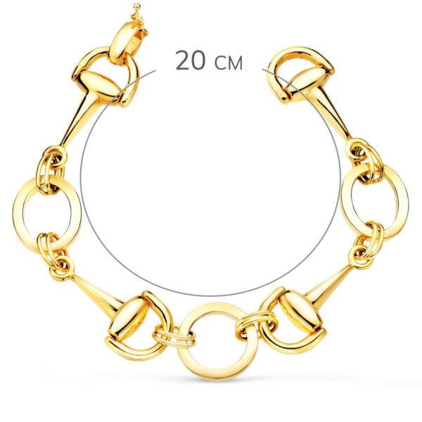 18K PULSERA ORO AMARILLO ARTICULADA CON ESTRIBOS Y CIRCULOS EN BRILLO 20CM - Imagen 2