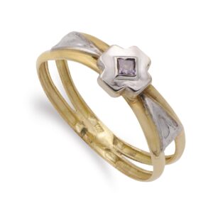 18K SORTIJA OR BICOLOR DOBLE CUERPO CON CRUZ Y CIRCONITA AMATISTA. ANCHO: 6,5 MM