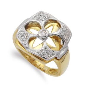 18K SORTIJA ORO BICOLOR FLOR CALADA CON CIRCONITAS. ANCHO: 16 MM