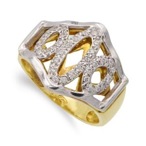 18K SORTIJA ORO BICOLOR MOTIVOS CON CIRCONITAS. ANCHO: 16,5 MM