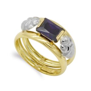 18K SORTIJA OR BICOLOR DOBLE CUERPO MOTIVO Y CIRCONITA AMATISTA 8X6MM. ANCHO: 14 MM