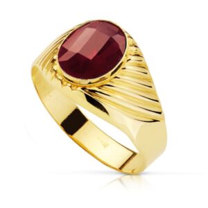 18K SELLO ORO AMARILLO HUECO GALLONEADO PIEDRA OVAL RUBI SPINEL 10X8 MM