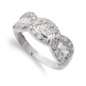 18K SORTIJA ORO BLANCO CON TRES MOTIVOS OVALES Y CIRCONITAS. ANCHO: 7 MM