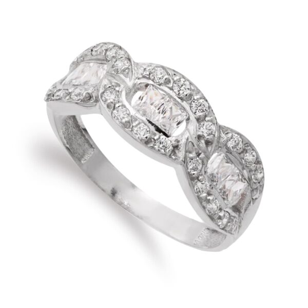 18K SORTIJA ORO BLANCO CON TRES MOTIVOS OVALES Y CIRCONITAS. ANCHO: 7 MM