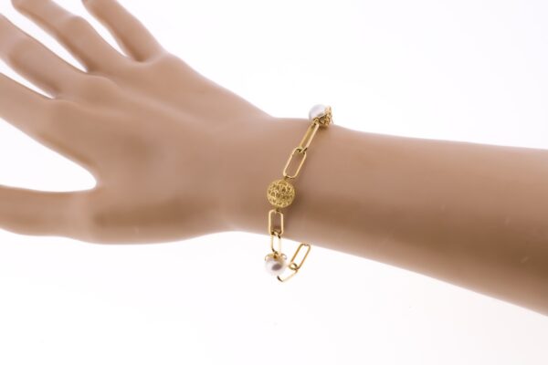 18K PULSERA ORO AMARILLO PERLA Y BOLAS CALADAS ANCHO 9 MM LARGO 19CM - Imagen 2