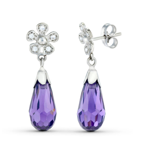 18K PENDIENTES ORO BLANCO DOS CUERPOS CON FLOR Y PIEDRA. CIERRE PRESION