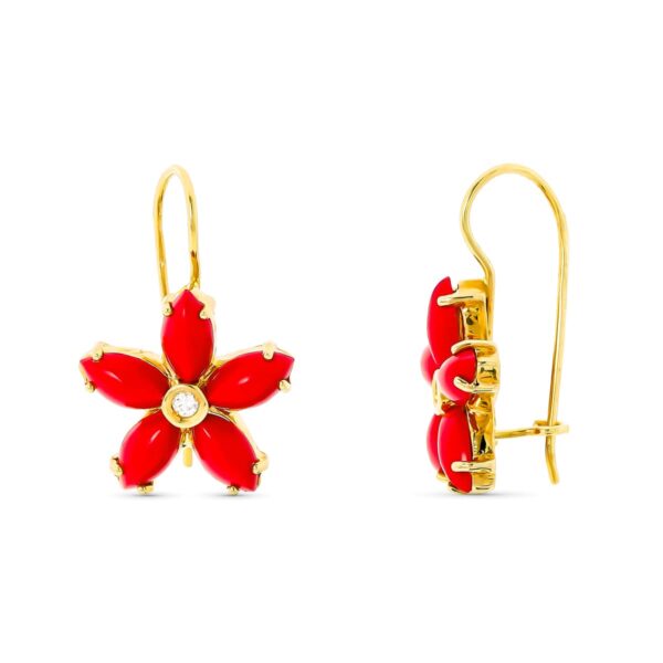 18K PENDIENTES ORO AMARILLO LARGOS FLOR CORALES 6X3 MM CIRCONITA CIERRE GANCHO