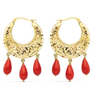 18K AROS ORO AMARILLO TALLADOS CORAL 25 MM