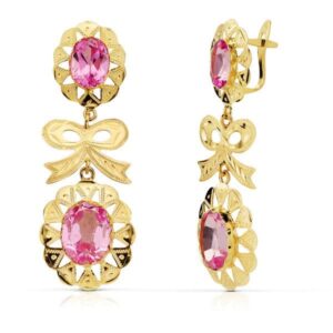 18K PENDIENTES CUBANA LAZO PIEDRA ROSA 43X15 MM. CIERRE CATALAN