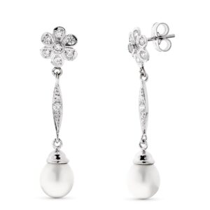 18K PENDIENTES PERLA Y FLOR ORO BLANCO CIERRE PRESION
