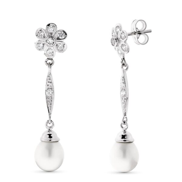 18K PENDIENTES PERLA Y FLOR ORO BLANCO CIERRE PRESION