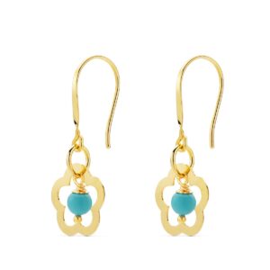 18K PENDIENTES ORO AMARILLO FLOR CORAL O TURQUESA 28X12 MM CIERRE GANCHO