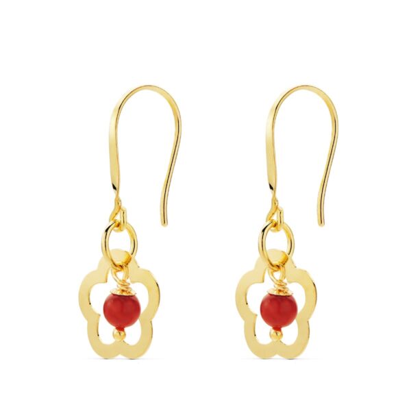 18K PENDIENTES ORO AMARILLO FLOR CORAL O TURQUESA 28X12 MM CIERRE GANCHO - Imagen 2