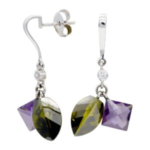 18K PENDIENTES ORO BLANCO OLIVINA Y AMATISTA CIERRE PRESION