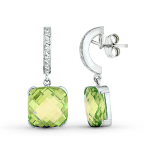 18K PENDIENTES ORO BLANCO CON PIEDRA OLIVINA Y CIRCONITA 30X12 MM. CIERRE PRESION