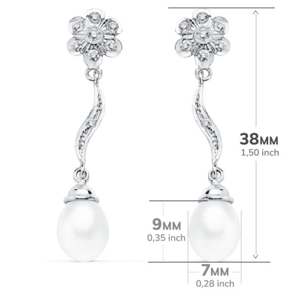 18K PENDIENTES ORO BLANCO PERLA 9X7 MM FLOR 38X8 MM CIERRE PRESION - Imagen 2