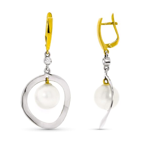 18K PENDIENTES LARGOS ORO BLANCO Y PERLA DE 10 MM CIERRE CATALAN