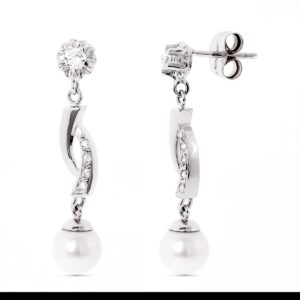 18K PENDIENTES ORO BLANCO Y PERLA CON GARRA DE CIRCONITA CIERRE PRESION
