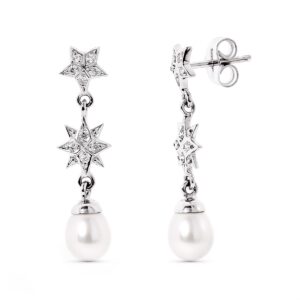 18K PENDIENTES ORO BLANCO ESTRELAS DE CIRCONITA Y PERLA CIERRE PRESION