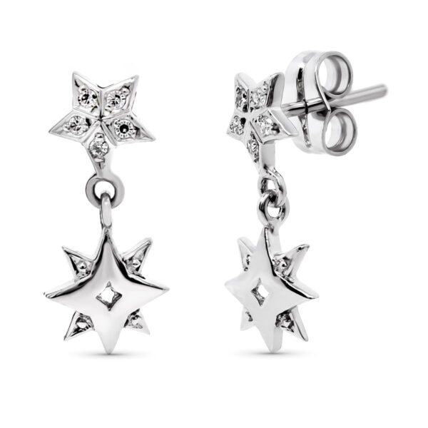 18K PENDIENTES ORO BLANCO LARGOS ESTRELLA 17X7 MM CIERRE PRESION