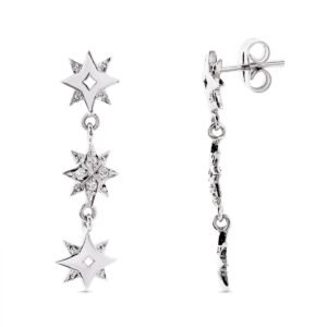18K PENDIENTES ORO BLANCO ESTRELLAS Y CIRCONITA 28X6 MM CIERRE PRESION