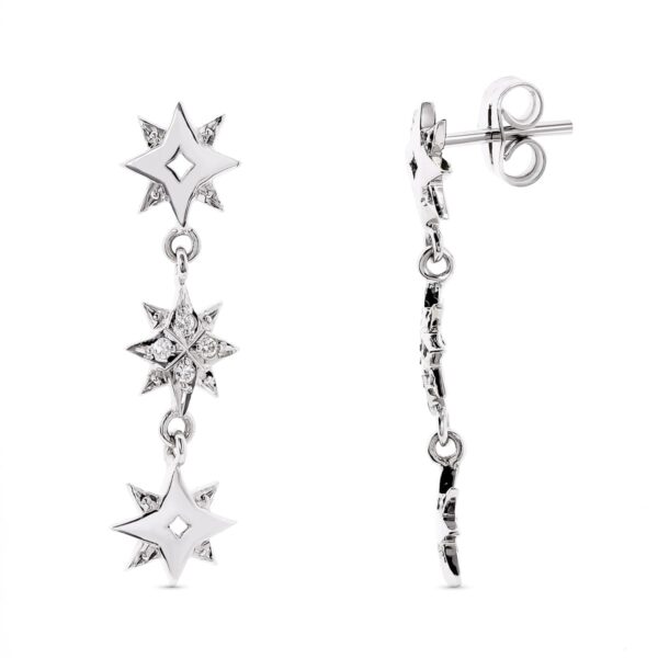 18K PENDIENTES ORO BLANCO ESTRELLAS Y CIRCONITA 28X6 MM CIERRE PRESION