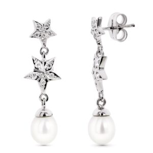 18K PENDIENTES ORO BLANCO CON ESTRELLAS Y PERLA CIERRE PRESION
