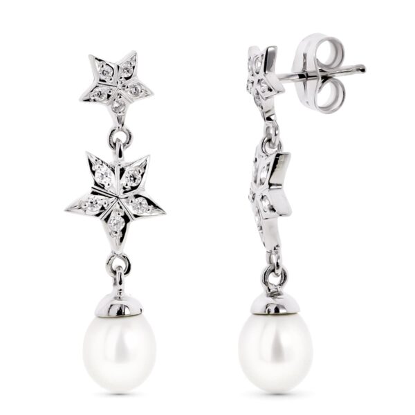 18K PENDIENTES ORO BLANCO CON ESTRELLAS Y PERLA CIERRE PRESION