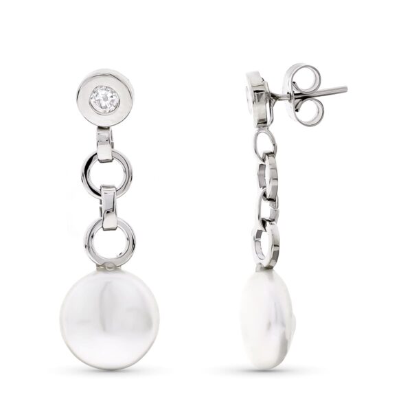 18K PENDIENTES ORO BLANCO LARGOS PERLA 10 MM Y CHATON CIRCONITA CIERRE PRESION