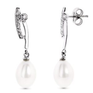 18K PENDIENTES ORO BLANCO LARGOS CON CIRCONITA Y PERLA CIERRE PRESION