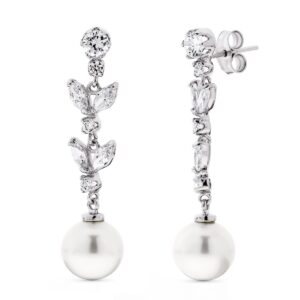 18K PENDIENTES ORO BLANCO LARGOS PERLA 9 9.5 MM Y CIRCONITA CIERRE PRESION