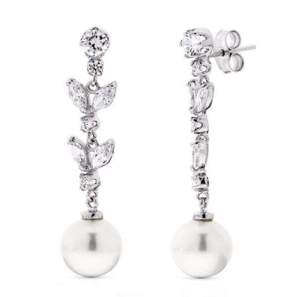18K PENDIENTES ORO BLANCO LARGOS PERLA 9 9.5 MM Y CIRCONITA CIERRE PRESION