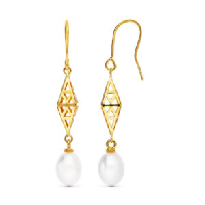 18K PENDIENTES ORO AMARILLO ROMBO 43X7 MM PERLA CULTIVADA 9X7 MM CIERRE GANCHO